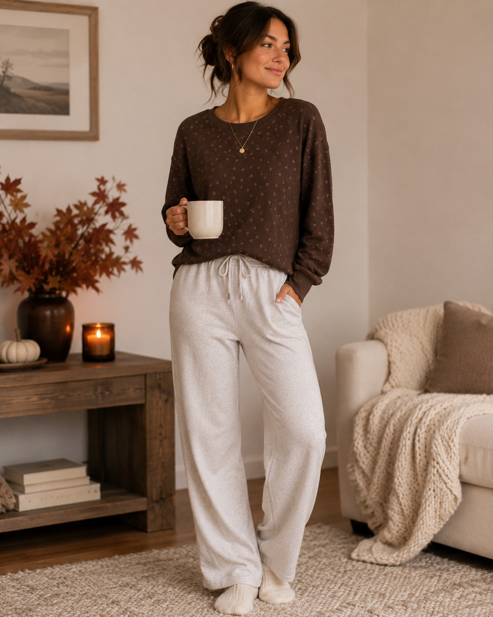 Madewell Brown Waffle Knit Floral Long Sleeve Sleep/Lounge Top Boxy Crop Size S